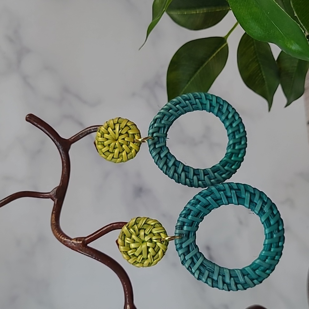 WOVEN WICKER HOOP PIERCED DANGLE EARRINGS